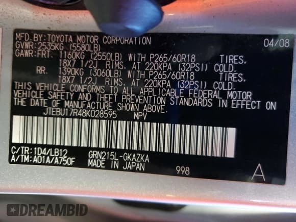 ✅ 2008 Toyota 4Runner Limited • VIN: JTEBU17R48K028595 • Лот: 87419895. Опубликован ранее на Copart с пробегом 141 740 миль. Бесплатный доступ к архиву аукционных продаж из США и подробный отчёт об истории автомобиля на DreamBid. Изображение 13.