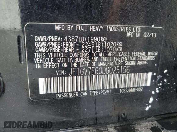 ✅ 2013 Subaru WRX WRX • VIN: JF1GV7E60DG025196 • Lot: 82292845. Listed on Copart with 128,049 mi. Free auction sales archive from the USA and detailed vehicle history report at DreamBid. Image 12.