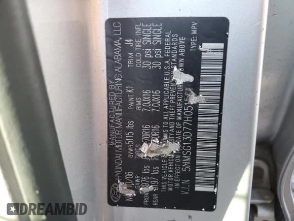 ✅ 2007 Hyundai Santa Fe GLS • VIN: 5NMSG13D77H051501 • Lot: 87314844. Listed on Copart with 105,204 mi. Free auction sales archive from the USA and detailed vehicle history report at DreamBid. Image 12.