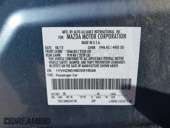 ✅ 2013 Mazda 6 i Touring Plus • VIN: 1YVHZ8EH8D5M15026 • Лот: 40498404. Опубликован ранее на IAAI с пробегом 84 740 миль. Бесплатный доступ к архиву аукционных продаж из США и подробный отчёт об истории автомобиля на DreamBid. Изображение 9.