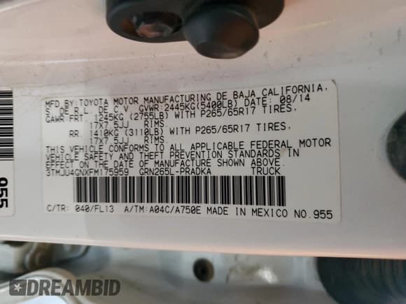 ✅ 2015 Toyota Tacoma PreRunner • VIN: 3TMJU4GNXFM175959 • Lot: 57895825. Listed on Copart with 157,955 mi. Free auction sales archive from the USA and detailed vehicle history report at DreamBid. Image 12.