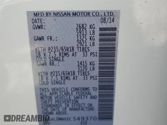 ✅ 2014 Infiniti QX60 • VIN: 5N1AL0MNXEC549370 • Лот: 81793235. Опубликован ранее на Copart с пробегом 82 855 миль. Бесплатный доступ к архиву аукционных продаж из США и подробный отчёт об истории автомобиля на DreamBid. Изображение 14.