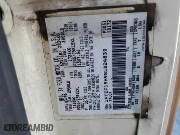 ✅ 1995 Ford F-150 • VIN: 1FTEF15H9SLB24830 • Lot: 41858625. Wystawiony na Copart z przebiegiem 261 557 mil. Bezpłatny archiwum sprzedaży aukcyjnych z USA i szczegółowy raport historii pojazdu na DreamBid. Zdjęcie 12.