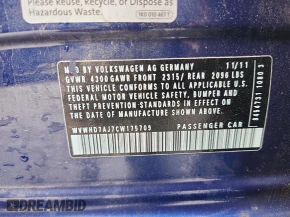 ✅ 2012 Volkswagen Golf GTI Autobahn • VIN: WVWHD7AJ7CW175709 • Lot: 70765885. Listed on Copart with 110,985 mi. Free auction sales archive from the USA and detailed vehicle history report at DreamBid. Image 12.