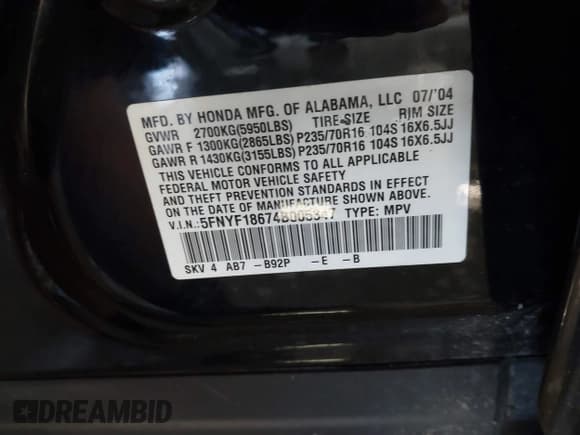 ✅ 2004 Honda Pilot EX • VIN: 5FNYF18674B005347 • Lot: 42734329. Listed on IAAI with 225,740 mi. Free auction sales archive from the USA and detailed vehicle history report at DreamBid. Image 9.