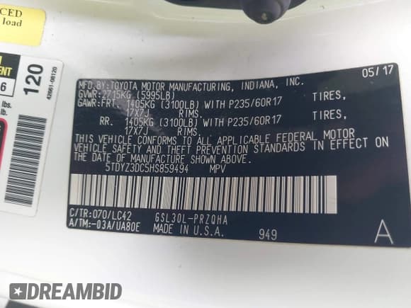 ✅ 2017 Toyota Sienna XLE Auto Access Seat • VIN: 5TDYZ3DC5HS859494 • Lot: 42807090. Listed on IAAI with Not provided. Free auction sales archive from the USA and detailed vehicle history report at DreamBid. Image 9.