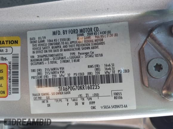 ✅ 2019 Ford Fusion S • VIN: 3FA6P0G70KR160235 • Лот: 43280903. Опубликован ранее на IAAI с пробегом 103 312 миль. Бесплатный доступ к архиву аукционных продаж из США и подробный отчёт об истории автомобиля на DreamBid. Изображение 9.