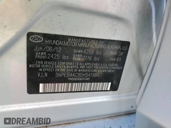 2013 Hyundai Sonata GLS with VIN 5NPEB4AC8DH541984, listed as a Copart auction lot 82596005 with 161,144 mi miles and Clean title. Bid and sale history available at DreamBid. Image 12.