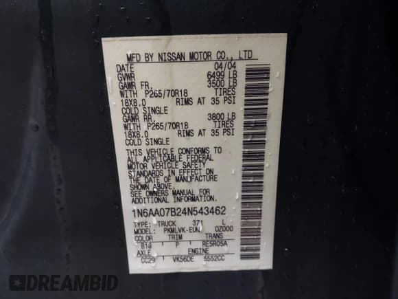 ✅ 2004 Nissan Titan SE • VIN: 1N6AA07B24N543462 • Lot: 43830874. Listed on IAAI with 196,490 mi. Free auction sales archive from the USA and detailed vehicle history report at DreamBid. Image 9.