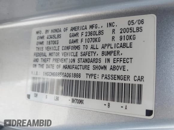✅ 2006 Honda Accord EX-L • VIN: 1HGCM66856A061866 • Lot: 43686319. Wystawiony na IAAI z przebiegiem 205 942 mil. Bezpłatny archiwum sprzedaży aukcyjnych z USA i szczegółowy raport historii pojazdu na DreamBid. Zdjęcie 9.