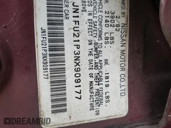 ✅ 1992 Nissan Stanza GXE • VIN: JN1FU21P3NX909177 • Лот: 83811334. Опубликован ранее на Copart с пробегом 67 101 миль. Бесплатный доступ к архиву аукционных продаж из США и подробный отчёт об истории автомобиля на DreamBid. Изображение 14.