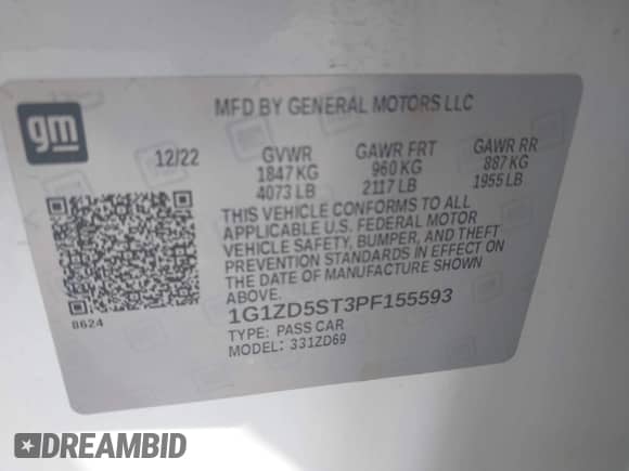 2023 Chevrolet Malibu LT с VIN 1G1ZD5ST3PF155593, выставлен на аукционе IAAI как лот 43241875 с пробегом 69 173 миль миль и . История ставок и продаж доступна на DreamBid. Изображение 9.