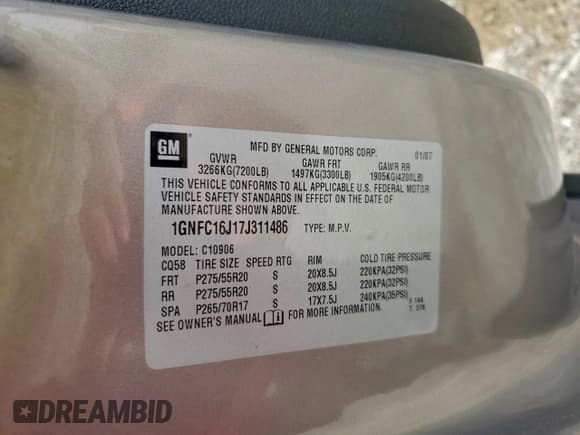 ✅ 2007 Chevrolet Suburban LT • VIN: 1GNFC16J17J311486 • Lot: 94681785. Listed on Copart with 161,407 mi. Free auction sales archive from the USA and detailed vehicle history report at DreamBid. Image 14.