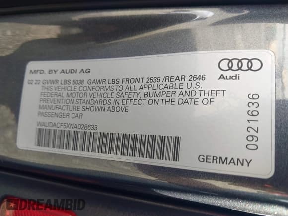 ✅ 2022 Audi A5 Sportback S line Premium • VIN: WAUDACF5XNA028633 • Lot: 41696539. Listed on IAAI with Not provided. Free auction sales archive from the USA and detailed vehicle history report at DreamBid. Image 9.