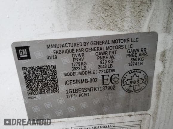 ✅ 2019 Chevrolet Cruze LT • VIN: 1G1BE5SM7K7137902 • Lot: 62453212. Listed on Copart with Not provided. Free auction sales archive from the USA and detailed vehicle history report at DreamBid. Image 10.