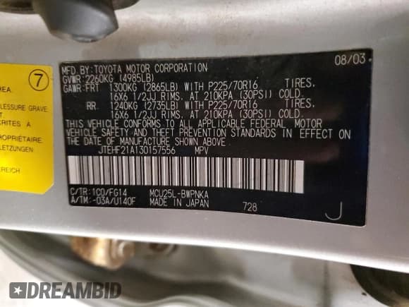 ✅ 2003 Toyota Highlander • VIN: JTEHF21A130157556 • Lot: 68172055. Wystawiony na Copart z przebiegiem 145 593 mil. Bezpłatny archiwum sprzedaży aukcyjnych z USA i szczegółowy raport historii pojazdu na DreamBid. Zdjęcie 14.