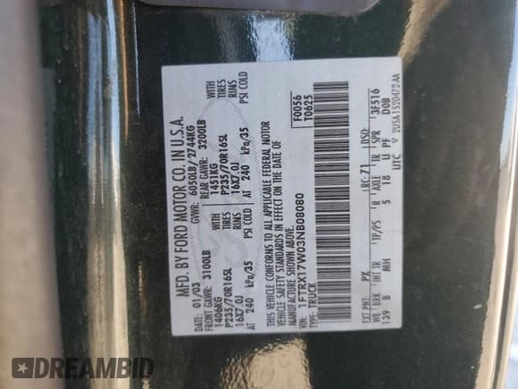 ✅ 2003 Ford F-150 XL • VIN: 1FTRX17W03NB08080 • Лот: 82501535. Опубликован ранее на Copart с пробегом 210 154 миль. Бесплатный доступ к архиву аукционных продаж из США и подробный отчёт об истории автомобиля на DreamBid. Изображение 13.