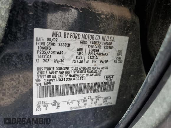 ✅ 2003 Ford Escape XLT Popular • VIN: 1FMYU03133KA33834 • Lot: 70538235. Wystawiony na Copart z przebiegiem 177 240 mil. Bezpłatny archiwum sprzedaży aukcyjnych z USA i szczegółowy raport historii pojazdu na DreamBid. Zdjęcie 12.