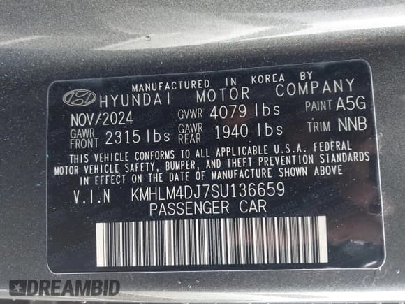 ✅ 2025 Hyundai Elantra Blue • VIN: KMHLM4DJ7SU136659 • Лот: 43184090. Опубликован ранее на IAAI с пробегом 17 519 миль. Бесплатный доступ к архиву аукционных продаж из США и подробный отчёт об истории автомобиля на DreamBid. Изображение 9.