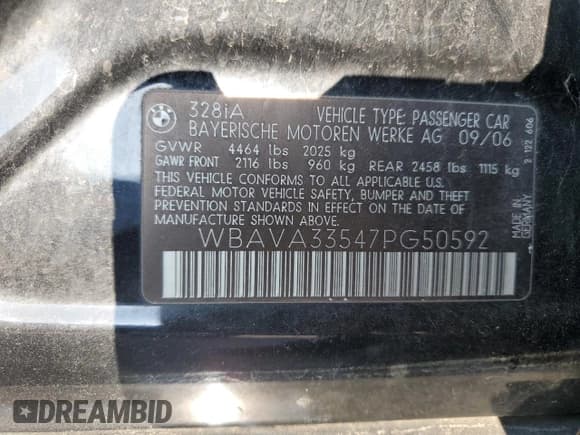 ✅ 2007 BMW 3 Series 328i • VIN: WBAVA33547PG50592 • Lot: 68197945. Listed on Copart with 129,143 mi. Free auction sales archive from the USA and detailed vehicle history report at DreamBid. Image 12.