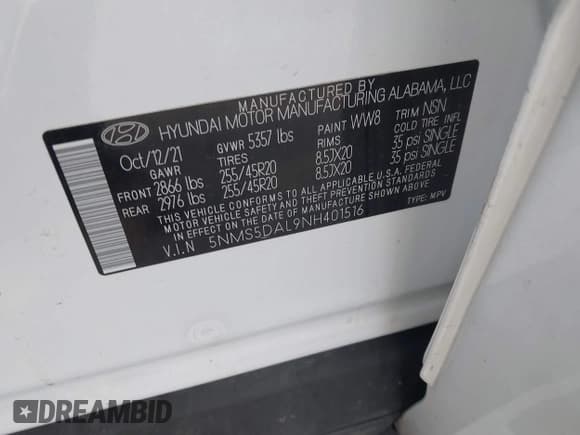 ✅ 2022 Hyundai Santa Fe Calligraphy • VIN: 5NMS5DAL9NH401516 • Lot: 43179971. Listed on IAAI with 41,678 mi. Free auction sales archive from the USA and detailed vehicle history report at DreamBid. Image 9.