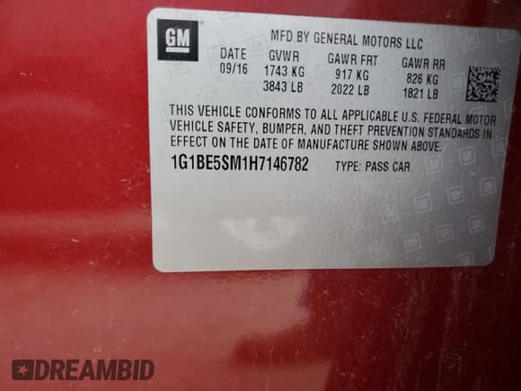 ✅ 2017 Chevrolet Cruze LT • VIN: 1G1BE5SM1H7146782 • Lot: 65485514. Listed on Copart with 41,889 mi. Free auction sales archive from the USA and detailed vehicle history report at DreamBid. Image 12.