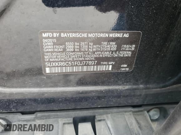 ✅ 2015 BMW X5 xDrive50i • VIN: 5UXKR6C51F0J77897 • Lot: 55665545. Listed on Copart with 127,060 mi. Free auction sales archive from the USA and detailed vehicle history report at DreamBid. Image 12.