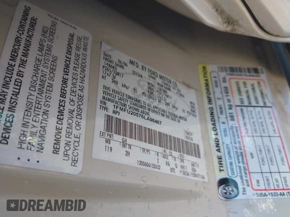 ✅ 2006 Ford Expedition Limited • VIN: 1FMFU20576LA98467 • Lot: 42747334. Listed on IAAI with 264,712 mi. Free auction sales archive from the USA and detailed vehicle history report at DreamBid. Image 9.