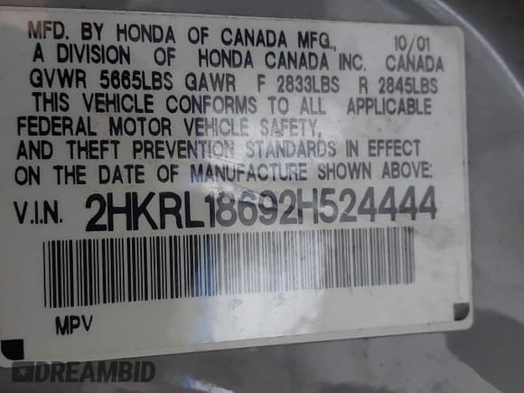 ✅ 2002 Honda Odyssey EX • VIN: 2HKRL18692H524444 • Lot: 43868896. Listed on IAAI with 257,416 mi. Free auction sales archive from the USA and detailed vehicle history report at DreamBid. Image 9.