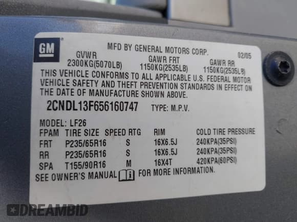 ✅ 2005 Chevrolet Equinox LS • VIN: 2CNDL13F656160747 • Лот: 42054793. Опубликован ранее на IAAI с пробегом 156 479 миль. Бесплатный доступ к архиву аукционных продаж из США и подробный отчёт об истории автомобиля на DreamBid. Изображение 9.