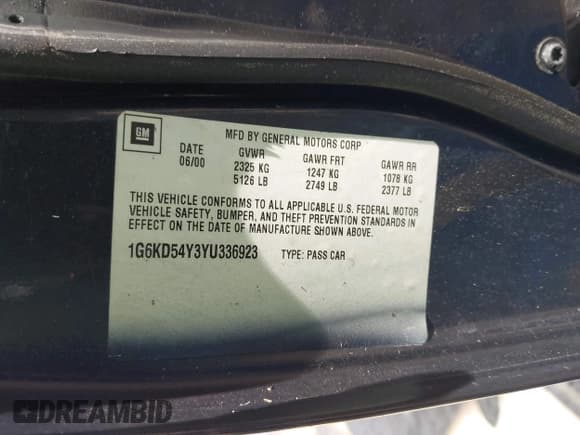 ✅ 2000 Cadillac DeVille • VIN: 1G6KD54Y3YU336923 • Лот: 42897235. Опубликован ранее на IAAI с пробегом 94 204 миль. Бесплатный доступ к архиву аукционных продаж из США и подробный отчёт об истории автомобиля на DreamBid. Изображение 9.