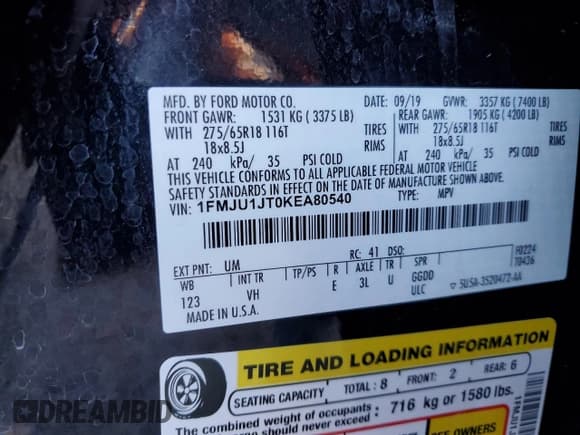 ✅ 2019 Ford Expedition XLT • VIN: 1FMJU1JT0KEA80540 • Lot: 93003655. Wystawiony na Copart z przebiegiem 123 736 mil. Bezpłatny archiwum sprzedaży aukcyjnych z USA i szczegółowy raport historii pojazdu na DreamBid. Zdjęcie 14.