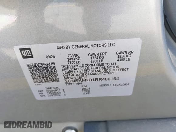 ✅ 2024 Chevrolet Suburban Premier • VIN: 1GNSKFKD1RR406164 • Lot: 43363669. Listed on IAAI with Not provided. Free auction sales archive from the USA and detailed vehicle history report at DreamBid. Image 9.