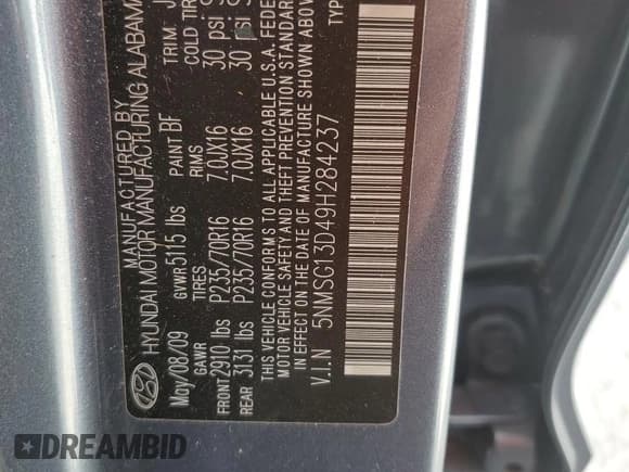 ✅ 2009 Hyundai Santa Fe GLS • VIN: 5NMSG13D49H284237 • Lot: 77692464. Listed on Copart with Not provided. Free auction sales archive from the USA and detailed vehicle history report at DreamBid. Image 12.