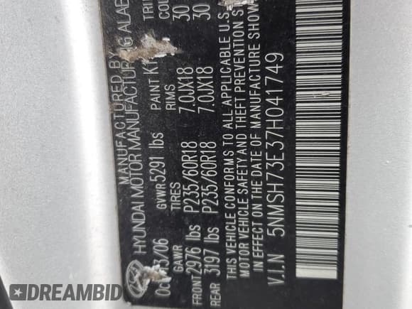 ✅ 2007 Hyundai Santa Fe SE • VIN: 5NMSH73E37H041749 • Lot: 74153084. Listed on Copart with 255,228 mi. Free auction sales archive from the USA and detailed vehicle history report at DreamBid. Image 12.