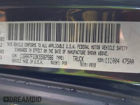 2019 Ram 1500 Tradesman with VIN 1C6RR7FG3KS582586, listed as a IAAI auction lot 42373353 with 68,457 mi miles and . Bid and sale history available at DreamBid. Image 9.