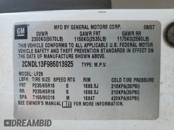 ✅ 2008 Chevrolet Equinox LS • VIN: 2CNDL13F986013925 • Лот: 55185615. Опубликован ранее на Copart с пробегом 79 890 миль. Бесплатный доступ к архиву аукционных продаж из США и подробный отчёт об истории автомобиля на DreamBid. Изображение 14.