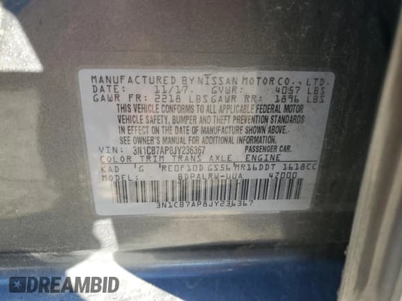 ✅ 2018 Nissan Sentra SR Turbo • VIN: 3N1CB7AP8JY236367 • Lot: 70813165. Listed on Copart with 80,465 mi. Free auction sales archive from the USA and detailed vehicle history report at DreamBid. Image 13.