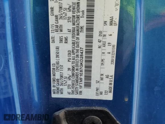 ✅ 2016 Ford F-150 XL • VIN: 1FTMF1E87GKD28437 • Lot: 69589455. Wystawiony na Copart z przebiegiem 111 251 mil. Bezpłatny archiwum sprzedaży aukcyjnych z USA i szczegółowy raport historii pojazdu na DreamBid. Zdjęcie 12.