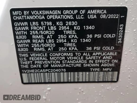 ✅ 2023 Volkswagen Atlas SE • VIN: 1V2HE2CA5PC204076 • Lot: 44377345. Listed on Copart with 35,437 mi. Free auction sales archive from the USA and detailed vehicle history report at DreamBid. Image 13.