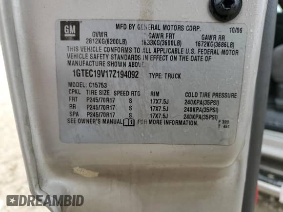 2007 GMC Sierra 1500 SLE1 with VIN 1GTEC19V17Z194092, listed as a Copart auction lot 84996844 with 169,911 mi miles and Salvage title. Bid and sale history available at DreamBid. Image 14.