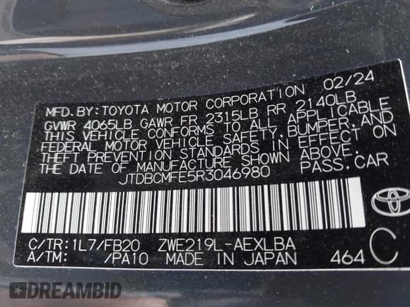 ✅ 2024 Toyota Corolla Hybrid SE • VIN: JTDBCMFE5R3046980 • Lot: 43406392. Listed on IAAI with 22,028 mi. Free auction sales archive from the USA and detailed vehicle history report at DreamBid. Image 9.