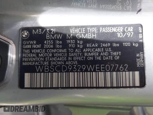 1998 BMW 3 Series M3s with VIN WBSCD9329WEE07762, listed as a IAAI auction lot 42239221 with Not provided miles and . Bid and sale history available at DreamBid. Image 9.