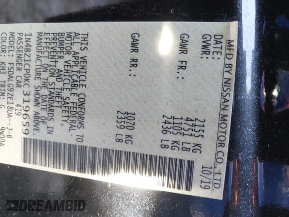 ✅ 2019 Nissan LEAF SL Plus • VIN: 1N4BZ1CP0KC319659 • Lot: 41417619. Listed on IAAI with 59,213 mi. Free auction sales archive from the USA and detailed vehicle history report at DreamBid. Image 9.