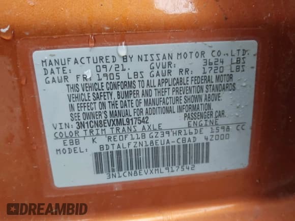 ✅ 2021 Nissan Versa SV • VIN: 3N1CN8EVXML917542 • Лот: 42167779. Опубликован ранее на IAAI с пробегом 15 027 миль. Бесплатный доступ к архиву аукционных продаж из США и подробный отчёт об истории автомобиля на DreamBid. Изображение 9.