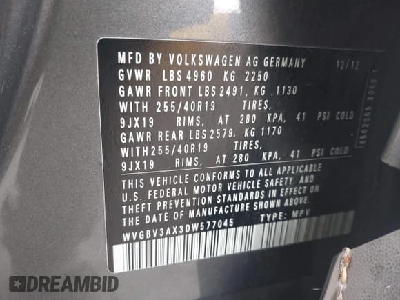 ✅ 2013 Volkswagen Tiguan S • VIN: WVGBV3AX3DW577045 • Lot: 43811665. Listed on IAAI with 161,847 mi. Free auction sales archive from the USA and detailed vehicle history report at DreamBid. Image 9.