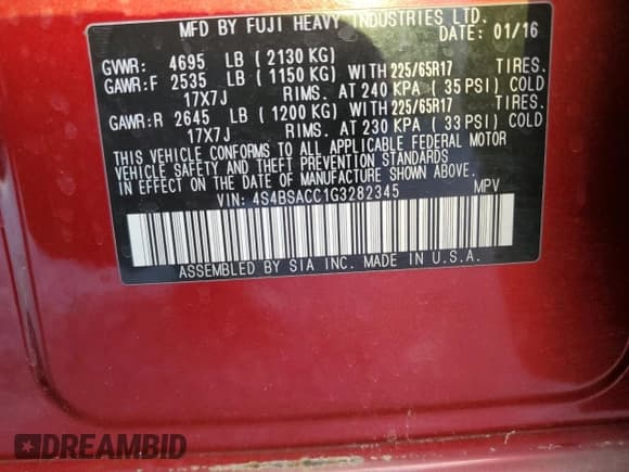 ✅ 2016 Subaru Outback Premium • VIN: 4S4BSACC1G3282345 • Lot: 93514835. Listed on Copart with 157,654 mi. Free auction sales archive from the USA and detailed vehicle history report at DreamBid. Image 13.