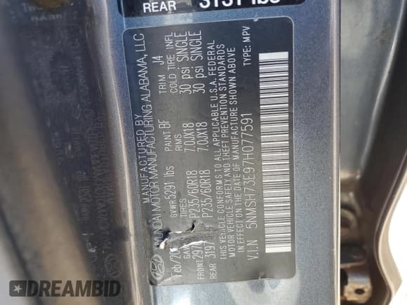 ✅ 2007 Hyundai Santa Fe SE • VIN: 5NMSH73E97H077591 • Lot: 75204884. Listed on Copart with 252,055 mi. Free auction sales archive from the USA and detailed vehicle history report at DreamBid. Image 13.