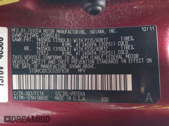 ✅ 2012 Toyota Sienna LE • VIN: 5TDKK3DC5CS207638 • Lot: 43740141. Listed on IAAI with 182,721 mi. Free auction sales archive from the USA and detailed vehicle history report at DreamBid. Image 9.