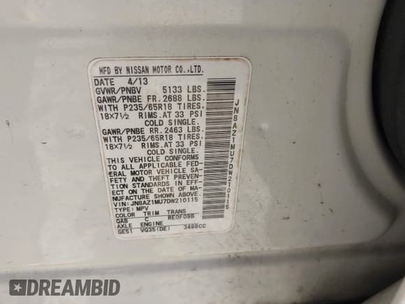 ✅ 2013 Nissan Murano SL • VIN: JN8AZ1MU7DW210115 • Lot: 43464666. Listed on IAAI with 117,942 mi. Free auction sales archive from the USA and detailed vehicle history report at DreamBid. Image 9.